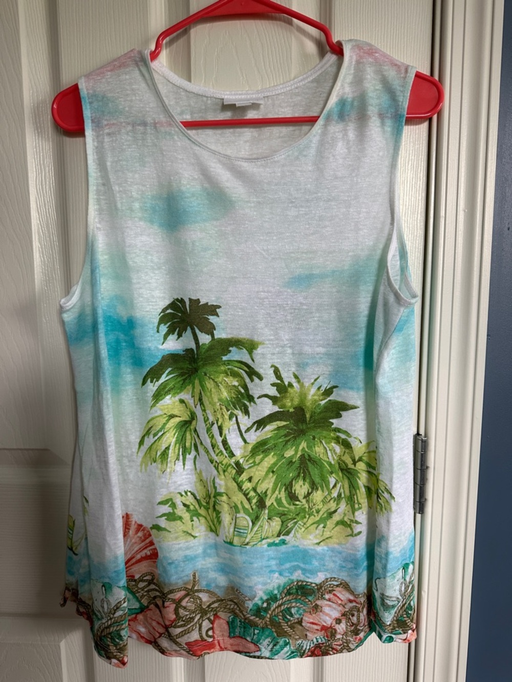 J. Jill White Tank with Green Palm Print and Teal Washes